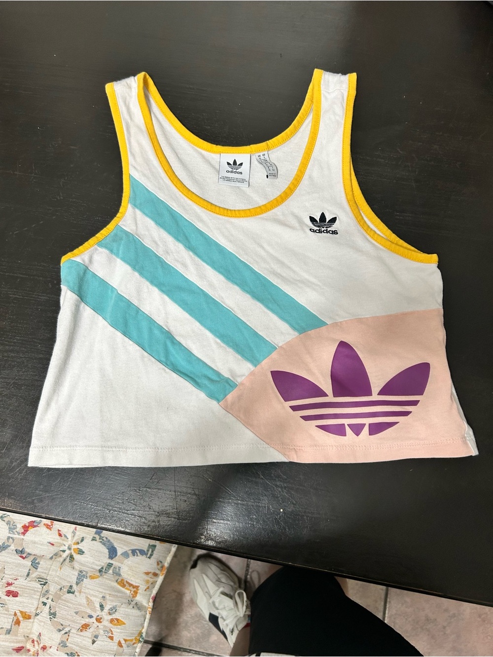 adidas White Tank Top with Aqua Stripes & Pink Panel